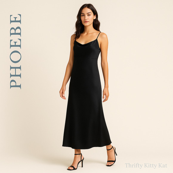 Phoebe Cowl Neck Spaghetti Strap Slip Maxi Dress Silky Drape Black 2 NWT Glam - Picture 1 of 9